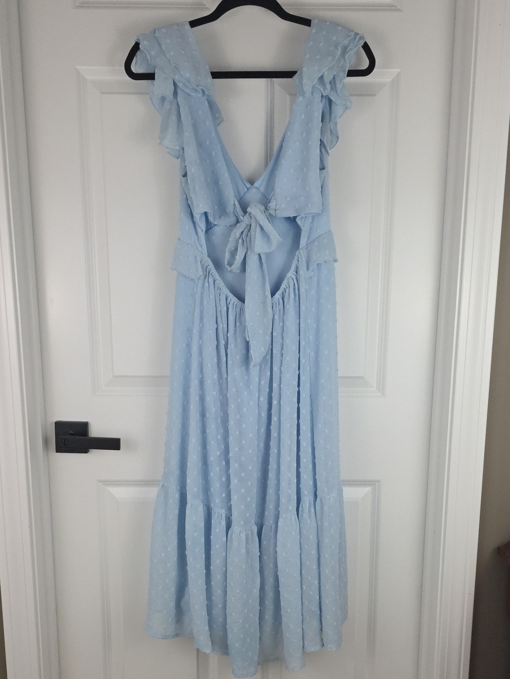 Trixxi Baby doll Powder Blue Swiss Dot Ruffle Open Back Midi Dress. Size Large. - Picture 5 of 10